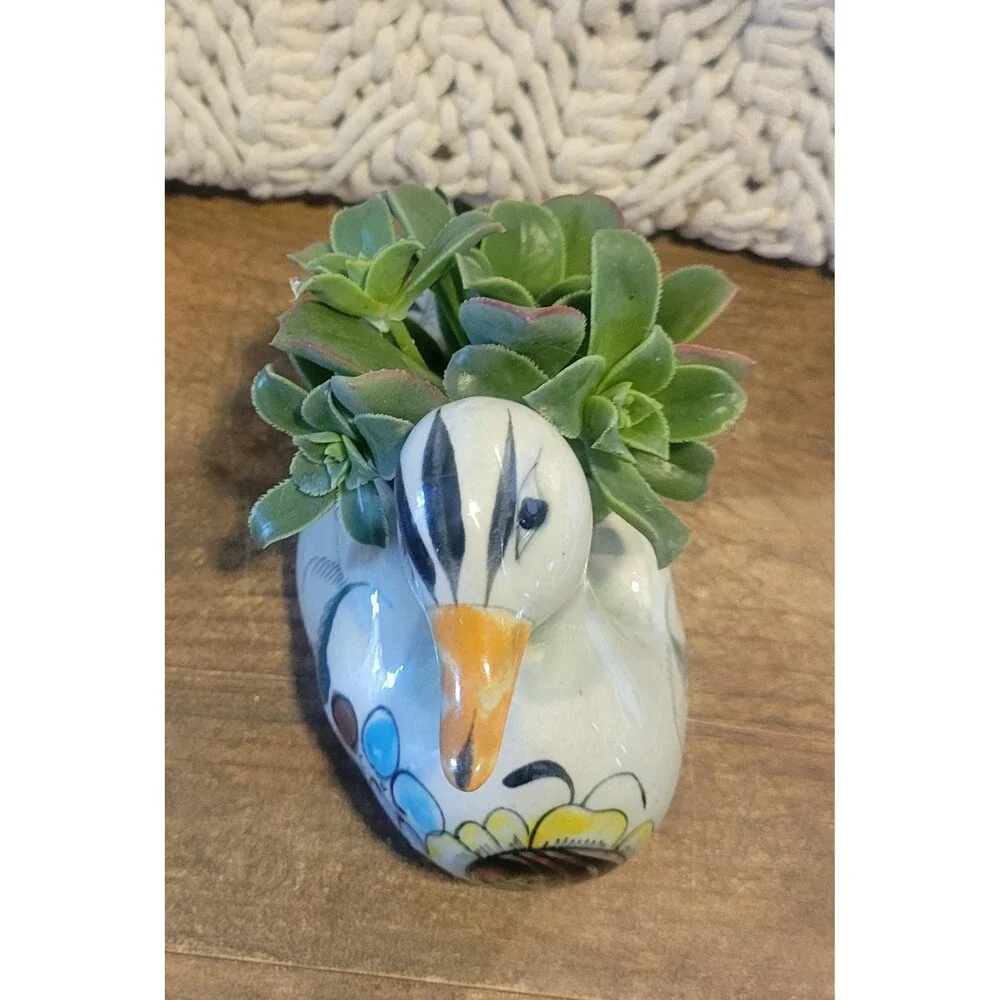 Vintage Noé Suro Tonala Duck Planter Mexico Folk Art Hand Painted Pottery 1970s